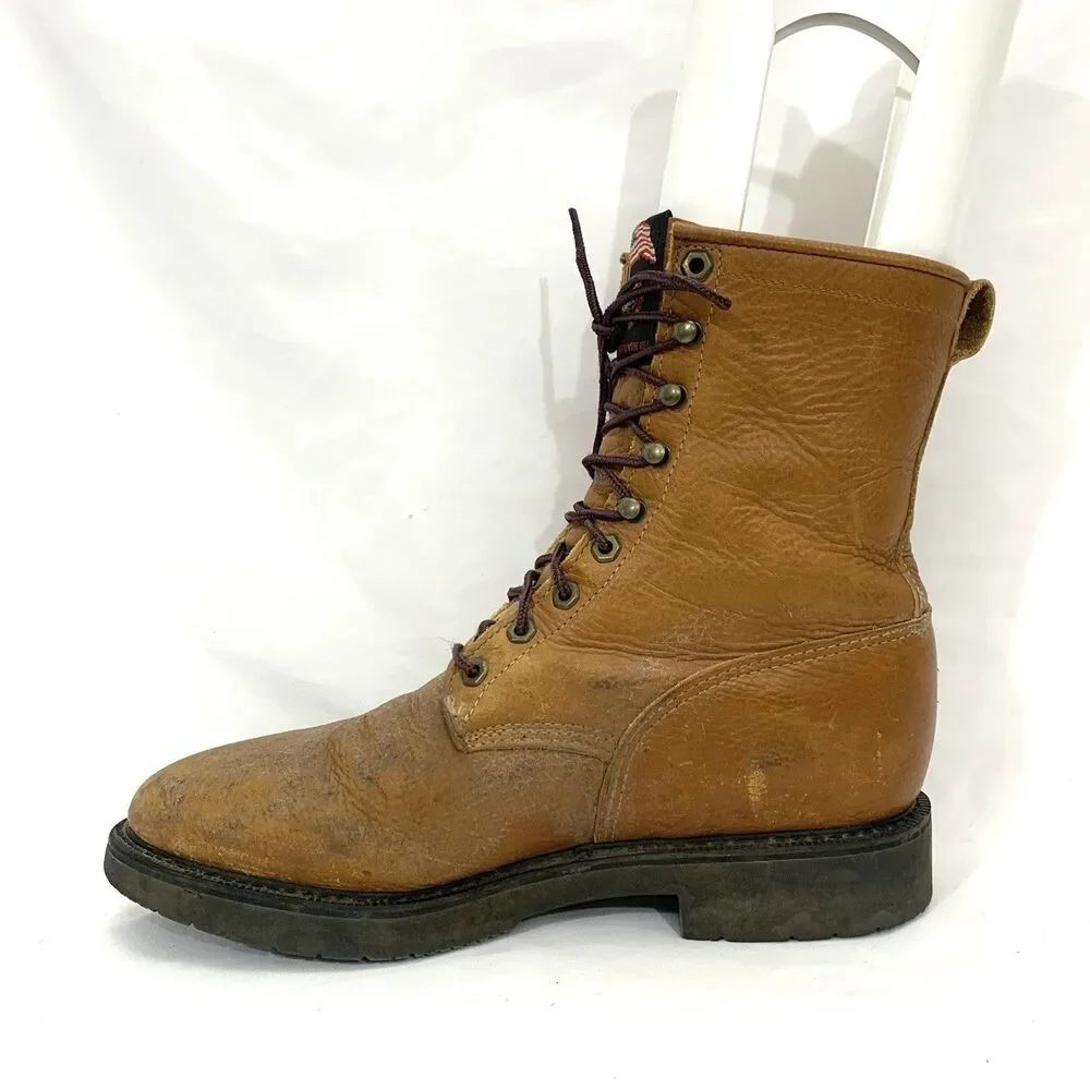 Justin Original Brown Leather 0762 Soft Toe Lace Up Work Boots Men’s Size 11 D